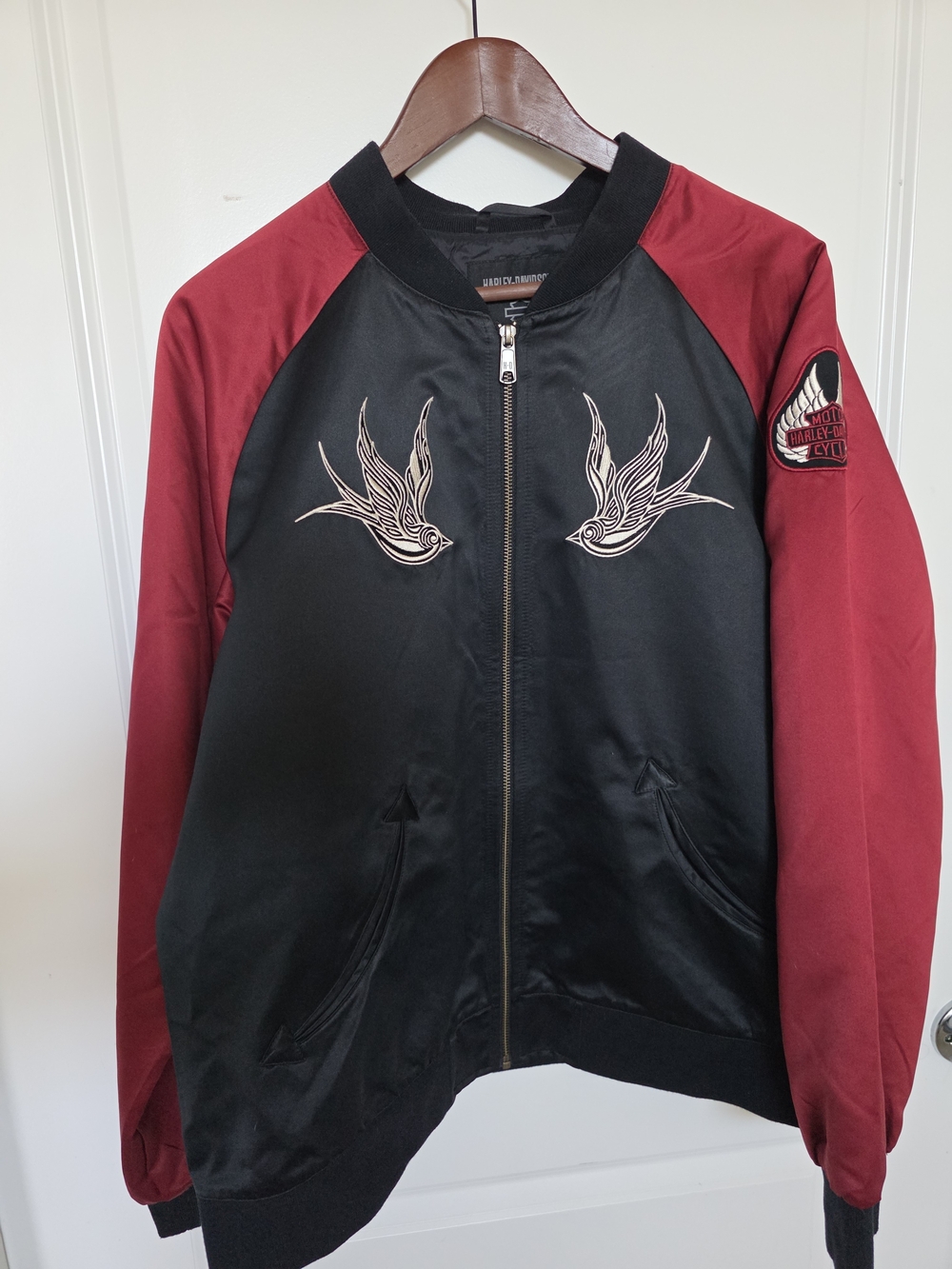 Harley-Davidson Black and Burgundy Bomber Jacket with Swallow Embroidery